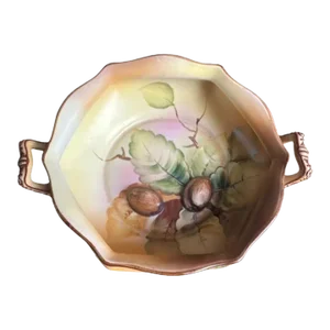 1920s Nippon Bowl With Raised Nut Reliefs & Handles Moriage Painting
