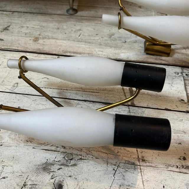 Metal Two 1950s Stilnovo Style Mid-Century Modern Brass and Glass Wall Sconces For Sale - Image 7 of 12