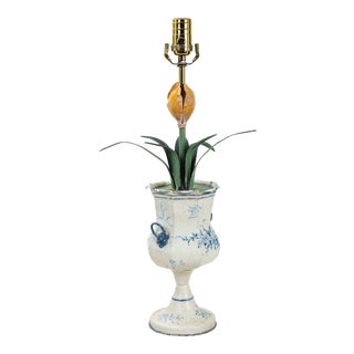 Blue & White Tole Trophy Shaped Lamp With Faux Flower For Sale