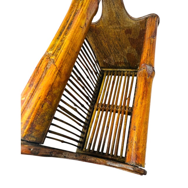 Vintage 80s Bamboo & Rattan Magazine Rack | Mid-Century Boho Decor | Record Holder | Natural Wood Storage Basket For Sale - Image 9 of 13