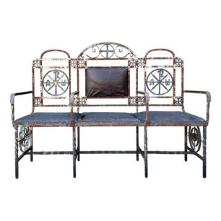 Vintage Distressed Metal and Upholstery Bench For Sale
