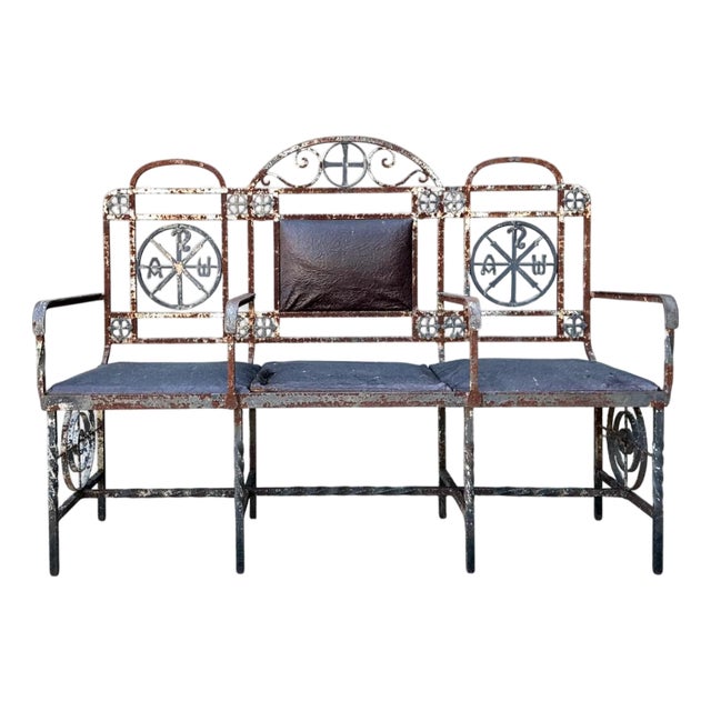 Vintage Distressed Metal and Upholstery Bench For Sale