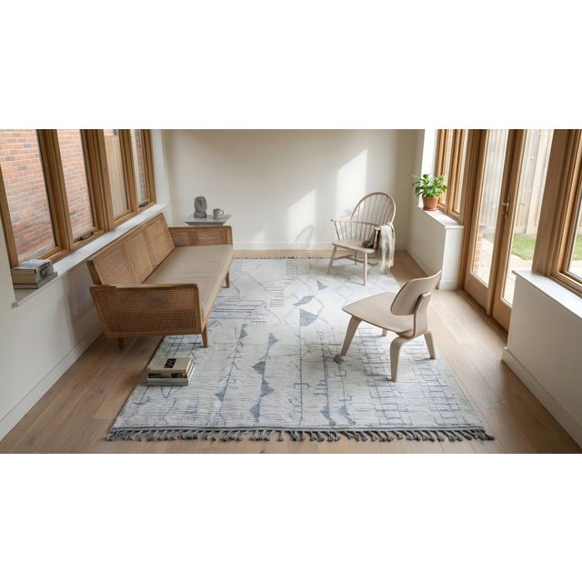 6x9 Ivory Hand-Knotted Wool Linear Motifs Tribal Modern Carpet Rug For Sale - Image 12 of 12