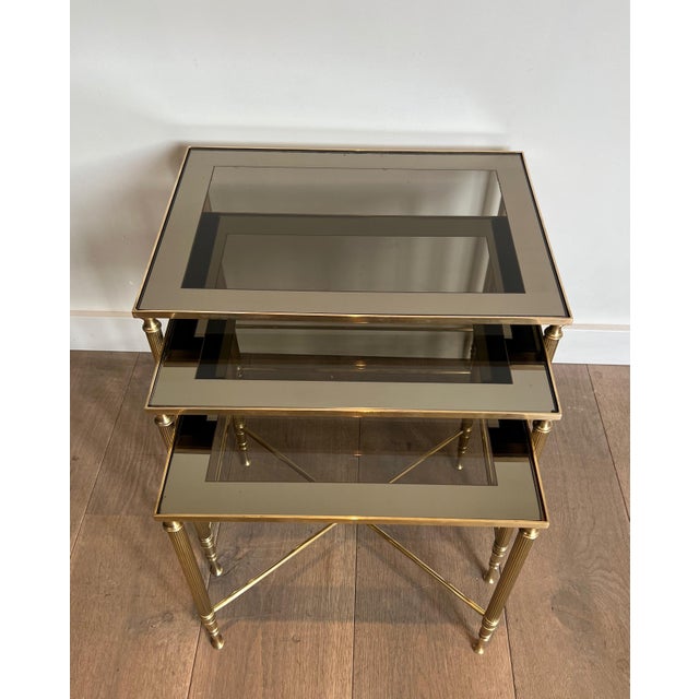 1940s Neoclassical style brass nesting tables. French work by Maison Jansen. For Sale - Image 6 of 12