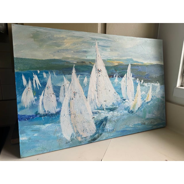 Vintage original impressionistic abstract sailboat racing regatta painting, depicting multiple white boats on the ocean,...