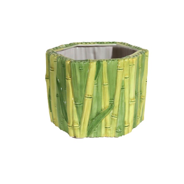 Ornamental & Decorative Materials Italian Hollywood Regency Faux Bamboo Ceramic Cachepots- A Pair For Sale - Image 7 of 11