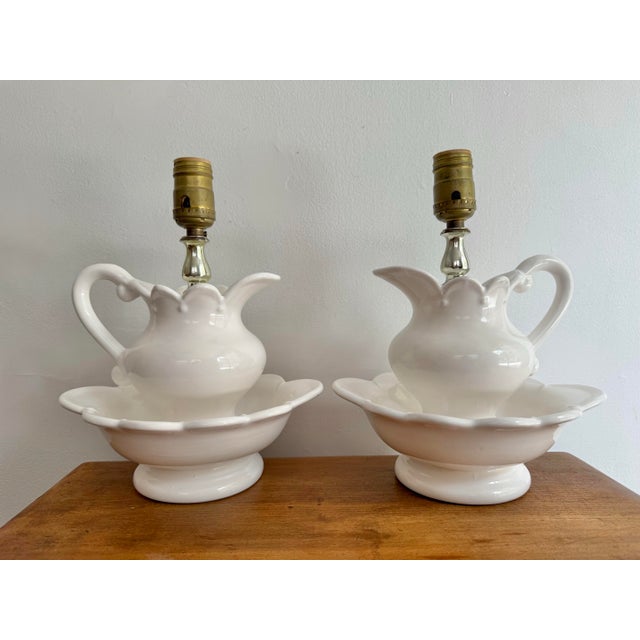 Delightful matching pair of glossy white lamps made from 1970s pitchers and basins. Signed by maker. These would be...