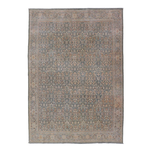 Light Blue/Gray Background Persian Antique Tabriz Rug With All-Over Herati Design For Sale
