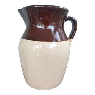 Vintage American Two-Tone Pottery Water Jug Pitcher in Brown & Cream Glaze For Sale