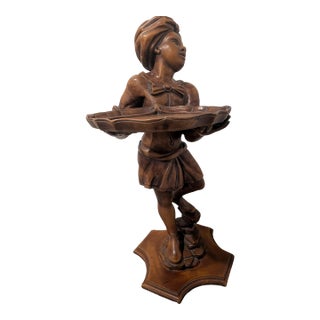 Vintage Italian Wood Carved Floor Statue Girl With Tray For Sale