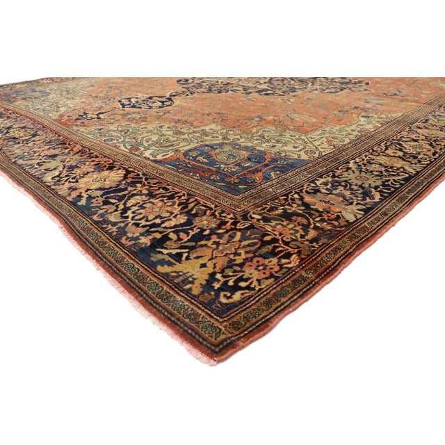 76780 Antique Persian Farahan Rug with English Traditional and Arts & Crafts Style 10'06 x 13'07 The architectural...