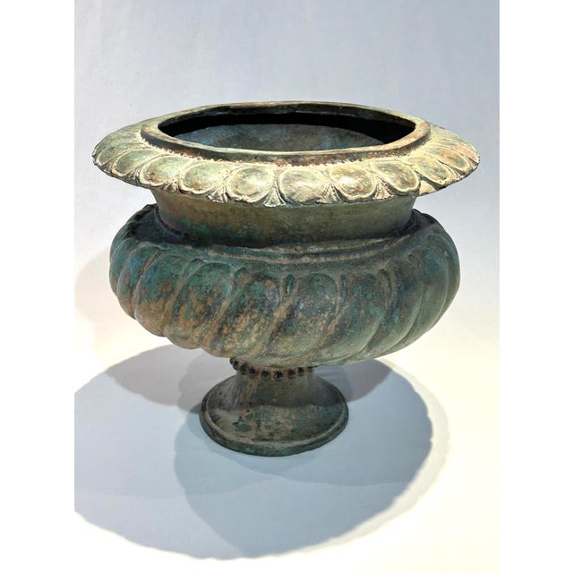 Transitional Vintage Verde Green Brass Urn For Sale - Image 3 of 6