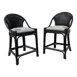 C.1996 Palecek Black Leather Strapped Rattan Counter Stools - a Pair For Sale