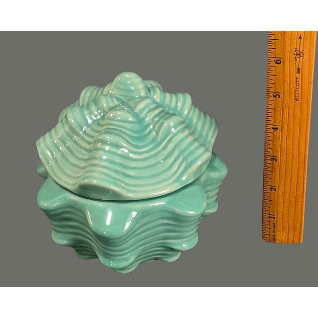 Contemporary Late 20th Century Ceramic Celadon Color Coastal Seashell Shaped Covered, Candy, Trinket Box For Sale - Image 3 of 6