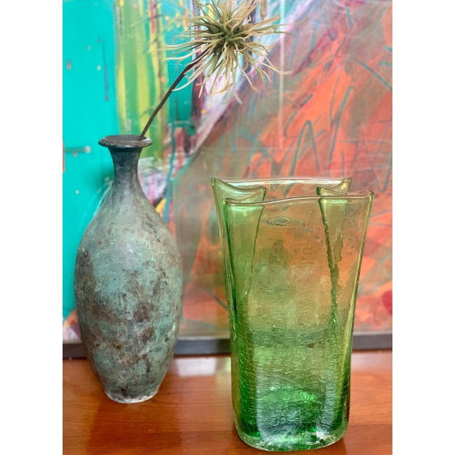 2009 Blenko Antique Green Paper Bag Blown Art Crackle Glass Vase Mid-Century Modern Style For Sale - Image 11 of 12
