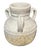 This vase has three sturdy handles and distinctive rope-like ribbed texture around the top with a sandy textured...