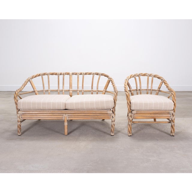 John McGuire Pair of McGuire Organic Modern Cerused Twisted Rattan Settee and Lounge Chair For Sale - Image 4 of 18