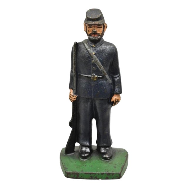 Antique Victorian Cast Iron Figural Painted Military War Soldier Door Stop A For Sale