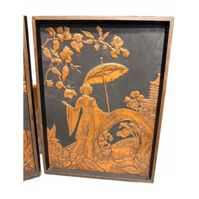 Mid 20th Century Vintage Mid-Century Asian Copper Repoussé Wall Plaques - A Pair For Sale - Image 5 of 10