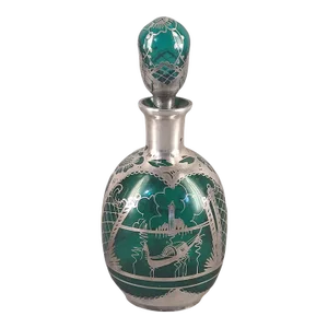 Vintage Venetian Liquor Decanter Emerald Green Glass Sterling Silver Overlay
