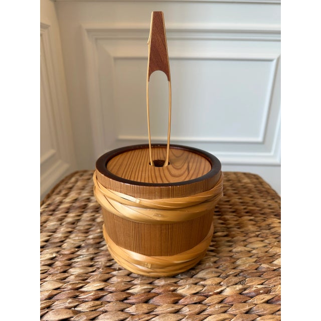 Mid-Century Modern Vintage Mid-Century Rattan, Bamboo & Pine Ice, Nut or Candy Bucket With Tongs-Made in Japan For Sale - Image 3 of 18