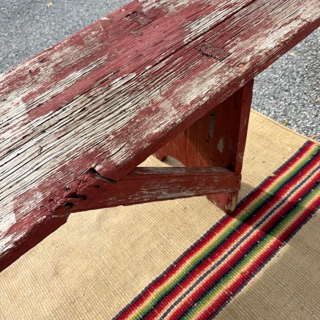 Red Antique Pennsylvania Mortised Bench in Old Red Paint, Lancaster County, Circa 1860s For Sale - Image 8 of 18