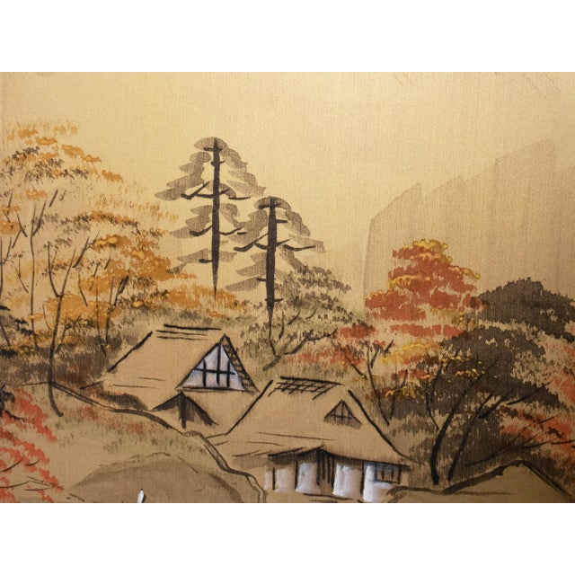 Wood 1960s Shōwa Era Japanese Silk Byobu Screen "Mountain Landscape With Houses" For Sale - Image 7 of 17