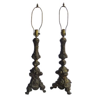 Antique French Brass Repousse Celestial Lamps For Sale
