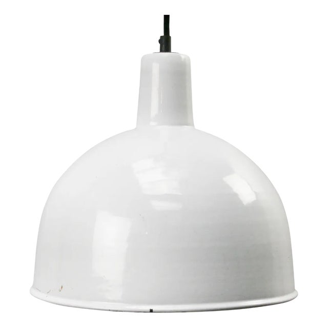 Vintage Industrial White Enamel Factory Hanging Light Pendant For Sale