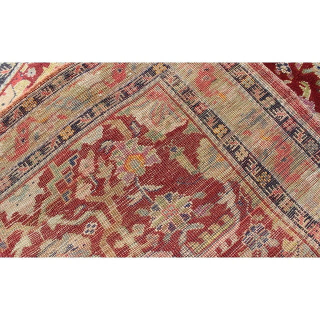 Vintage Turkish Oushak Rug in Deep Crimson, Soft Gold, and Pale Blue With Floral For Sale In Atlanta - Image 6 of 7