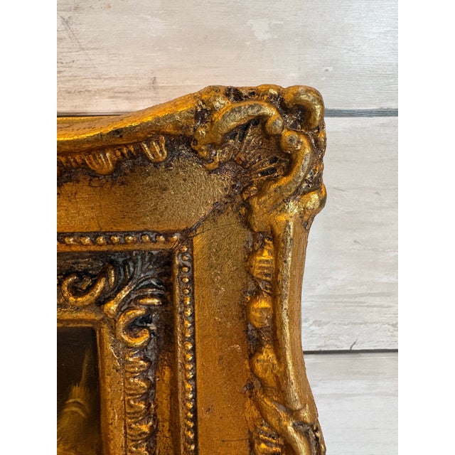 Vintage Miniature Rooster & Hens Oil Painting in Ornate Gilt-Style Frame For Sale - Image 12 of 12