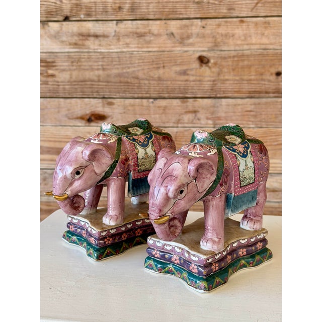Pair of Chinese Export Famille Rose Style Elephant Bookends or Decorative Objects For Sale - Image 10 of 11