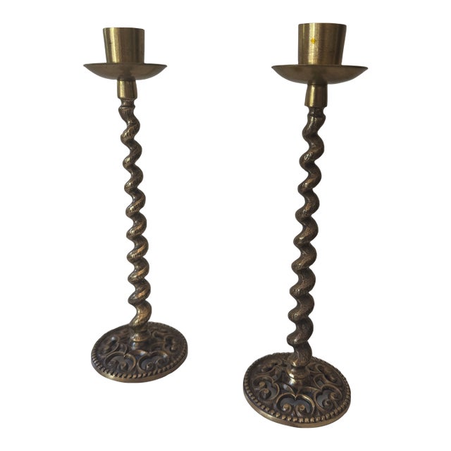 Pair Vintage Israeli Brass Barley Twist Candlesticks | Made in Israel | Pierced Scrollwork Base | Judaica | Shabbat Candle Holders | Mid-Century Brass For Sale