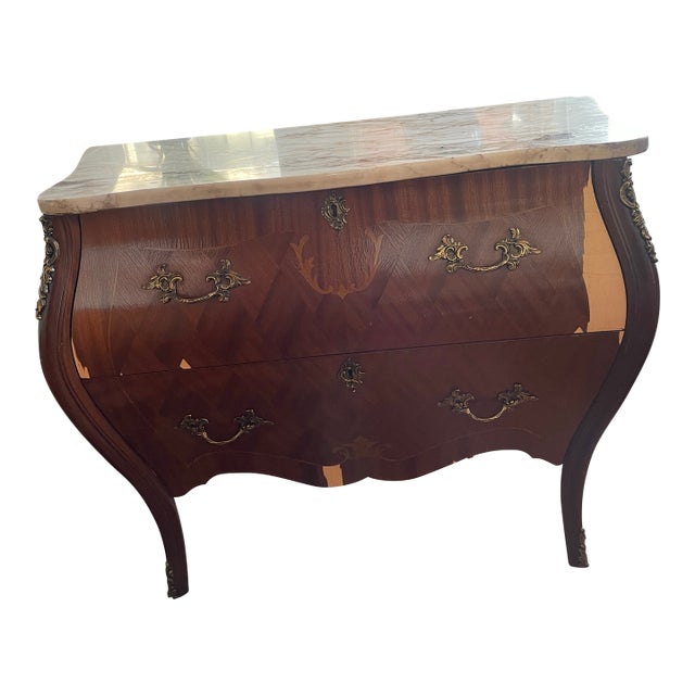 Antique French Louis XV Style Bombe Chest With Marble Top For Sale