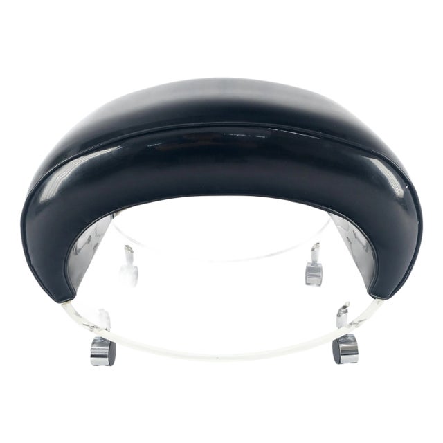 Futuristic Black Patent Leather Upholstery Oval Lucite Base Bench on Wheel For Sale
