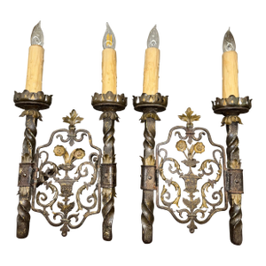 Pair of 1920s Spanish Revival Iron Sconces, Hand-Forged With Gilded Floral Details