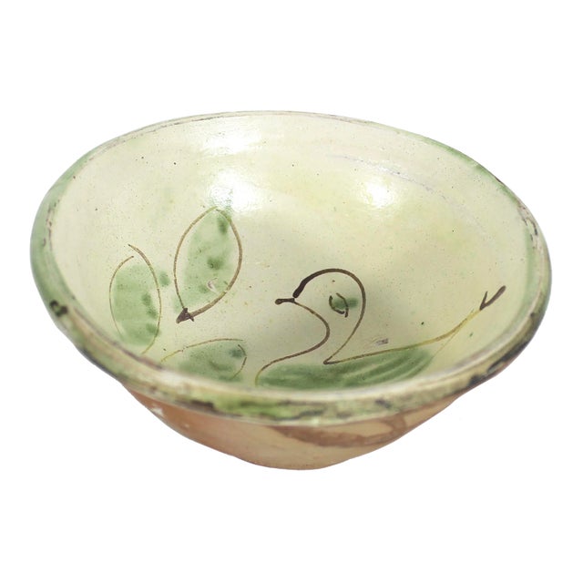 Vintage Clay Pottery Bird Bowl in the Style of Byzantine Half Glazed Ceramics For Sale