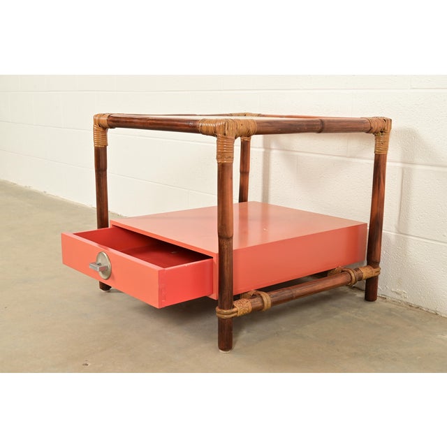 John Wisner for Ficks Reed Mid-Century Hollywood Regency Bamboo Rattan Glass Top Side Table, 1950s For Sale In South Bend - Image 6 of 12