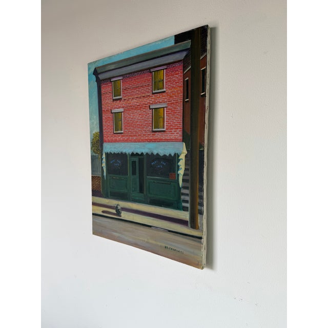 1980s 1980’s j.d. Fotopoulos “West End Cafe” Urban Streetscape Oil on Canvas – Unframed For Sale - Image 5 of 12