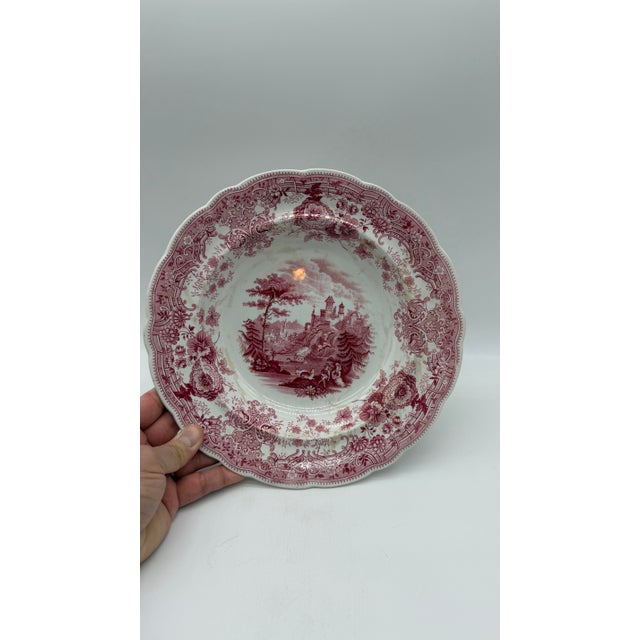 A Antique Staffordshire "Tyrolean" Pink Transfer Decorated Soup Plate, 1830’s Made in the Staffordshire district of Stoke...