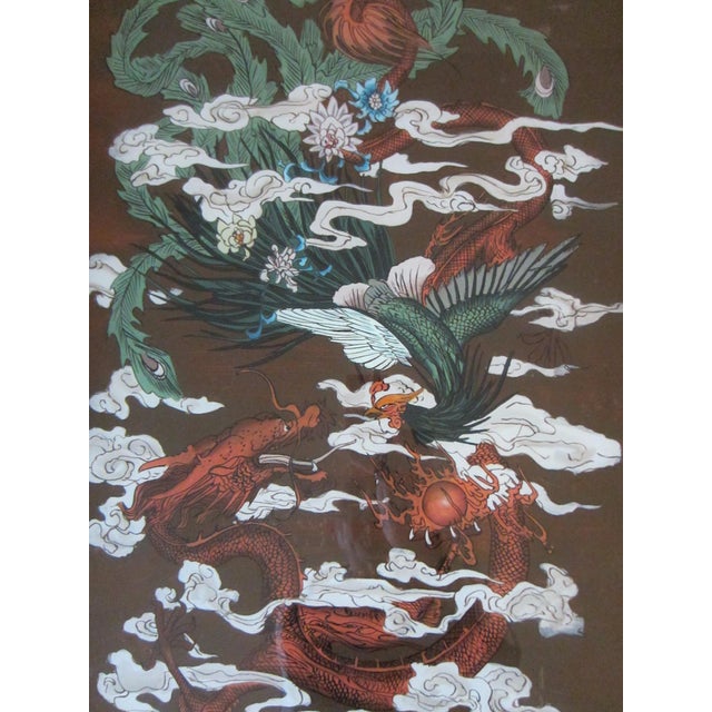 Chinese vintage painting is on glass situated on a brown wood watercolor glass art. unsigned & unknown. delicately mounted...