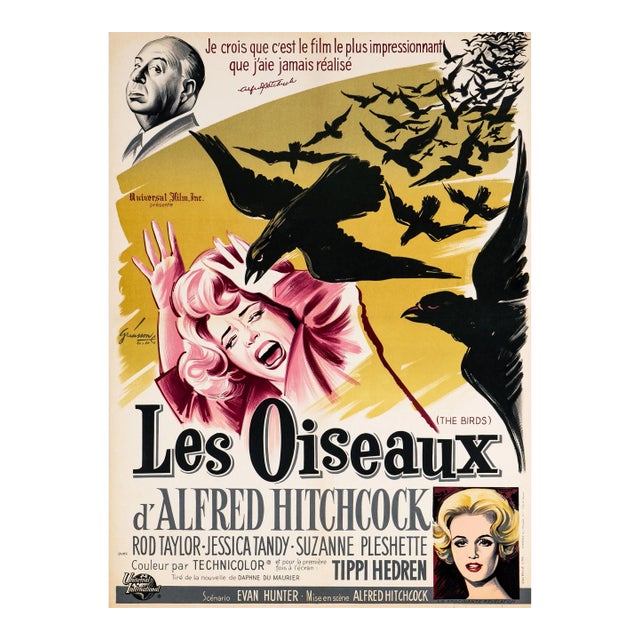 The Birds Original Vintage Movie Poster by Boris Grinsson, French, 1963 For Sale