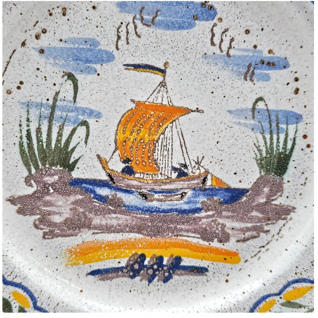 French Peint Main Studio Faience Plate With Hand-Painted Sailboat Scene For Sale - Image 4 of 11