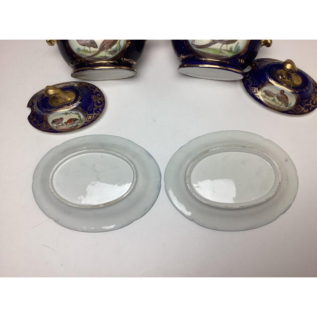 Pair Antique Coalport Porcelain Cobalt With Birds Covered Sauce Tureens With Under Plates For Sale - Image 12 of 12