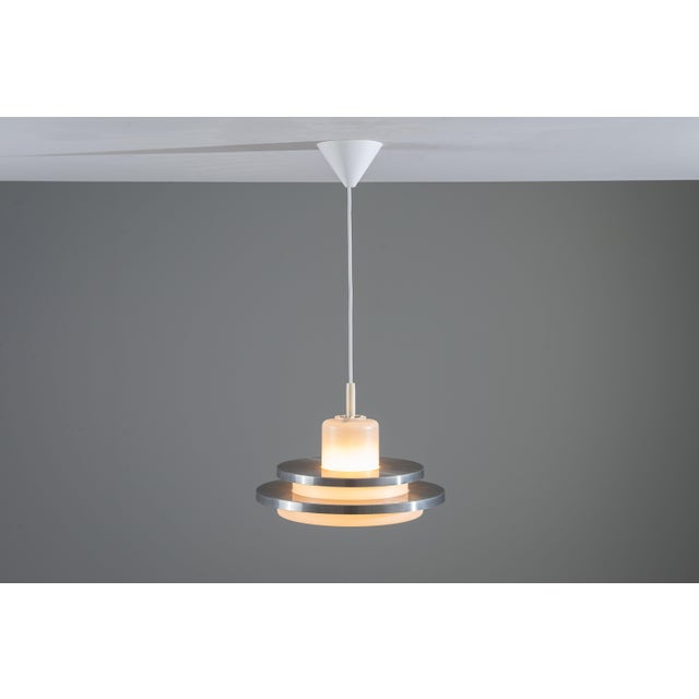 Mid-Century Modern German Pendant in Opal Glass with Decorative Aluminium Discs from Doria Leuchten, 1960s For Sale - Image 3 of 12