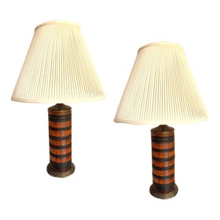Turned Wood Barrel Form Table Lamps With Shades, Set of 2 For Sale