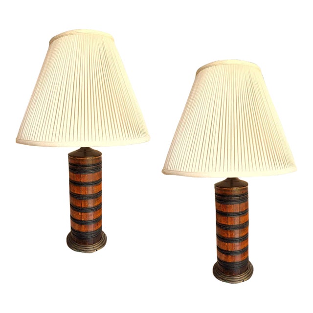 Turned Wood Barrel Form Table Lamps With Shades, Set of 2 For Sale