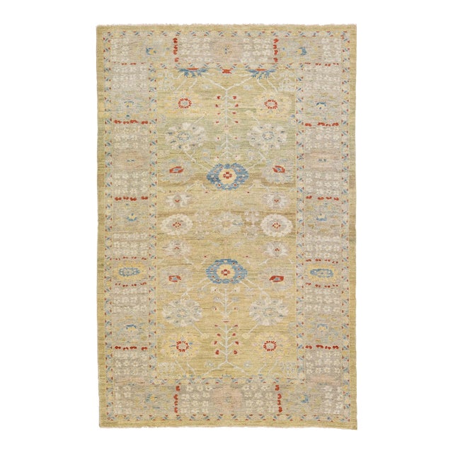 Modern Sultanabad Yellow Handmade Wool Rug With Floral Design For Sale