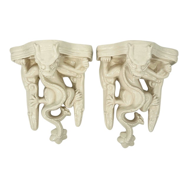 Mid-Century White Ceramic Dragon Wall Sconce Shelf Pair For Sale