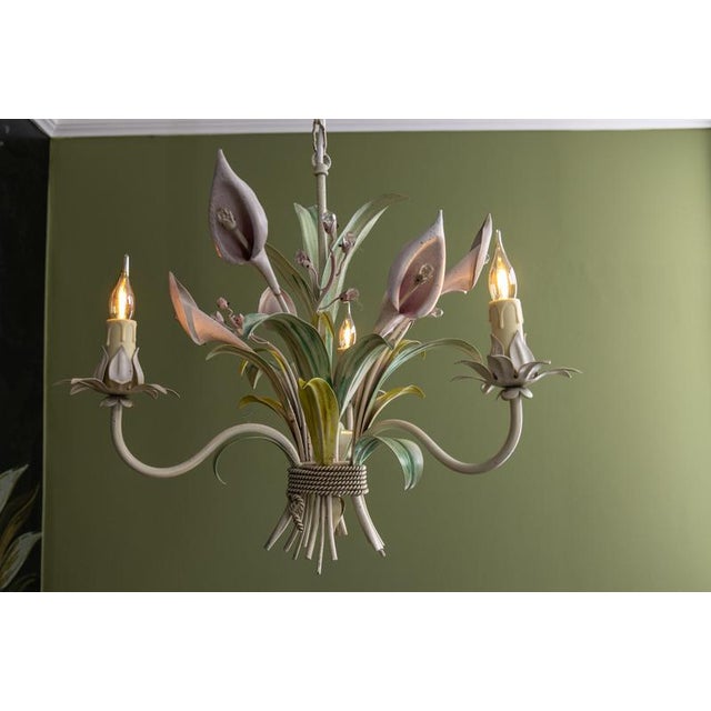Hollywood Regency Pastel Color Callas Lily Flower Bouquet Metal Chandelier, 1970s For Sale - Image 10 of 18